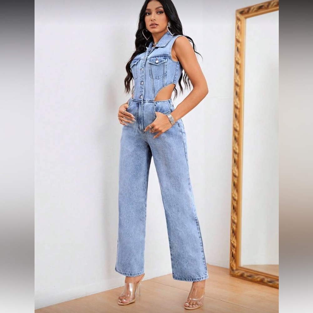 SHEIN Sleeveless Light Blue Denim Overalls